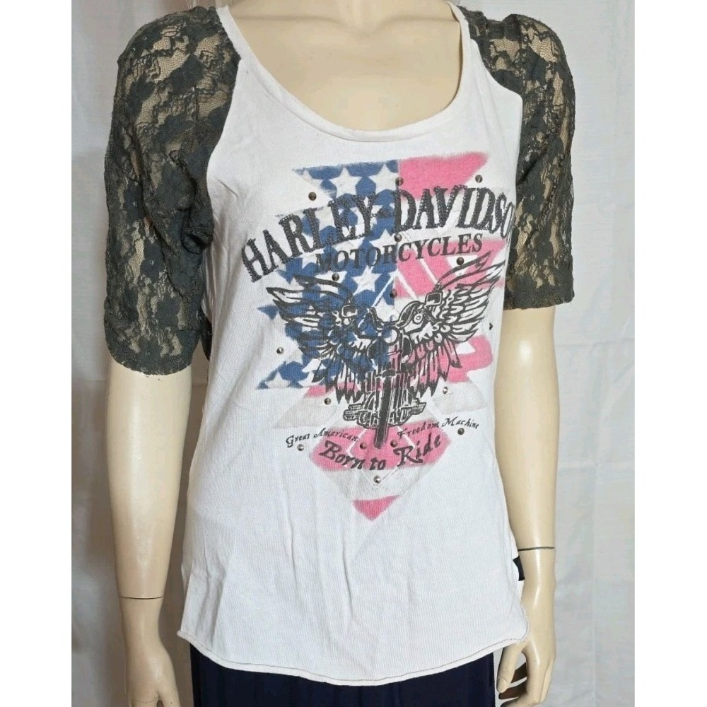 Harley Davidson Shirt Womens M White 3/4 Sleeves Lace Sheer Lightweight Tee Stud